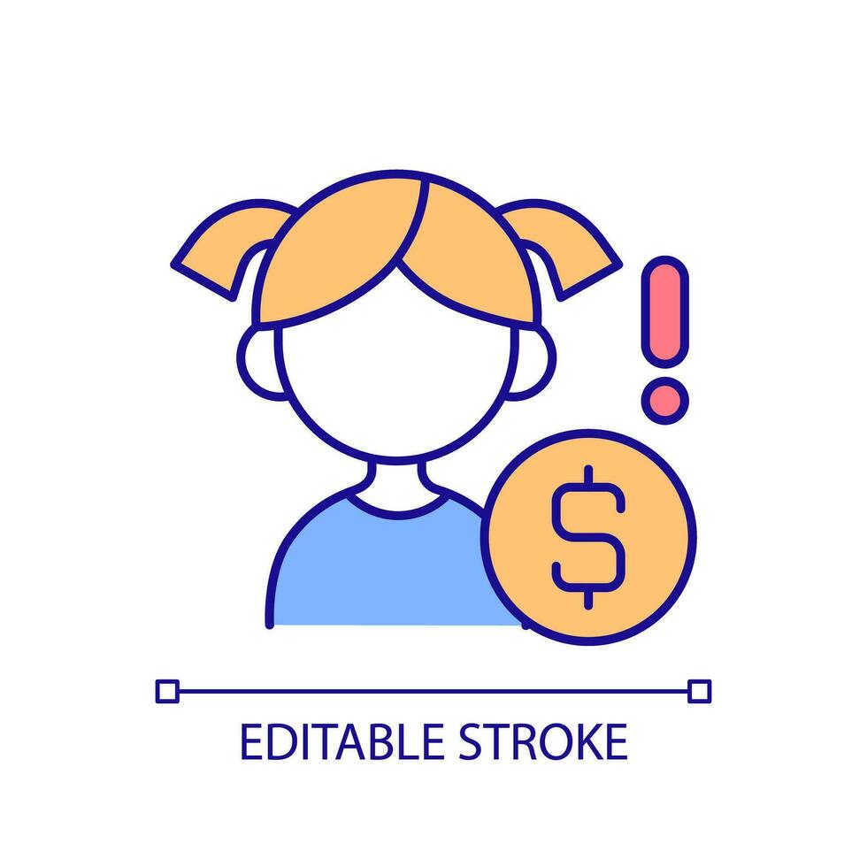 Child raising RGB color icon. Financial literacy. Teaching kids about money. No money. Child labour. Poverty family. Isolated vector illustration. Simple filled line drawing. Editable stroke