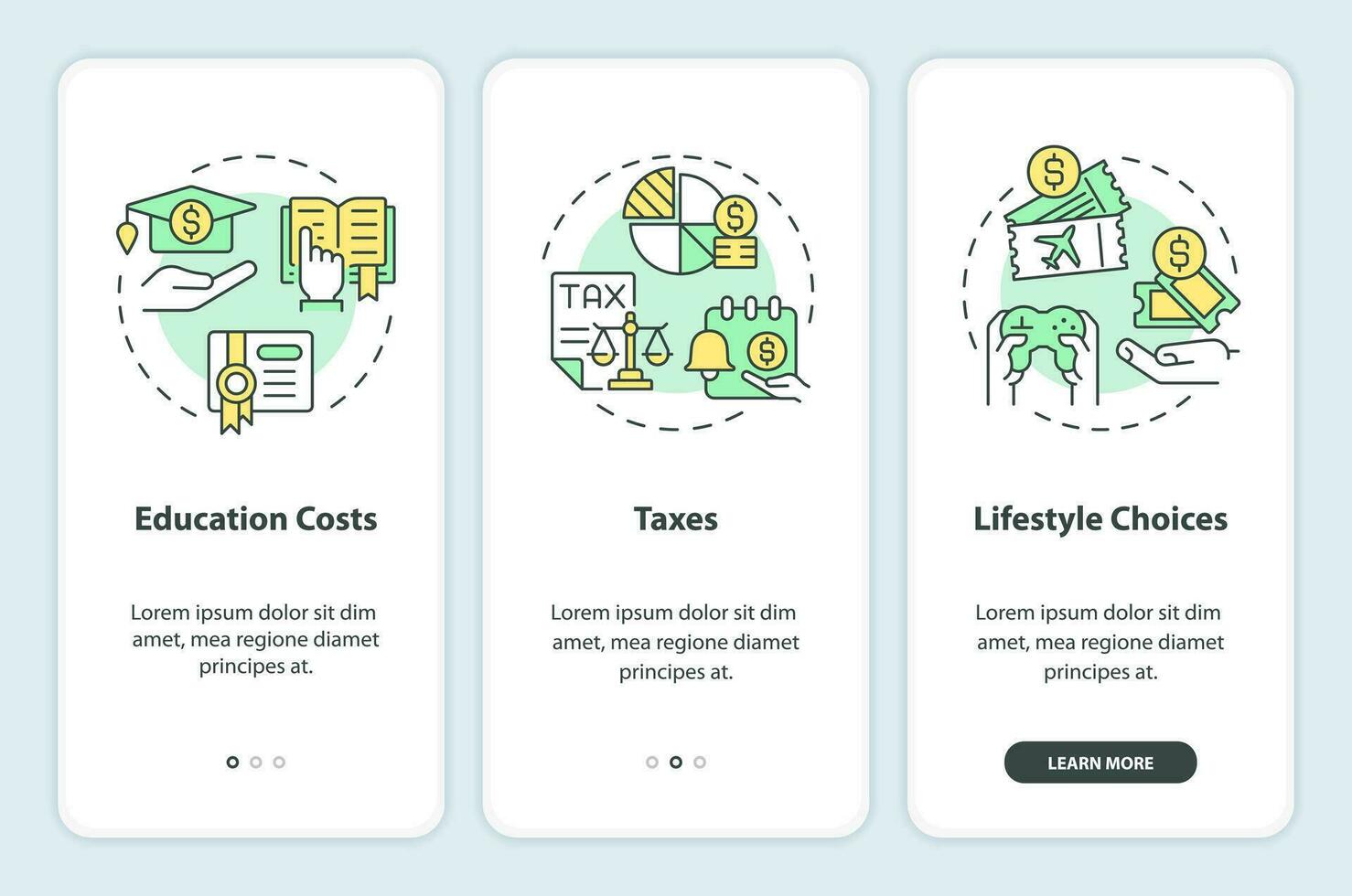 Living expenses onboarding mobile app screen. Personal finance walkthrough 3 steps editable graphic instructions with linear concepts. UI, UX, GUI templated vector