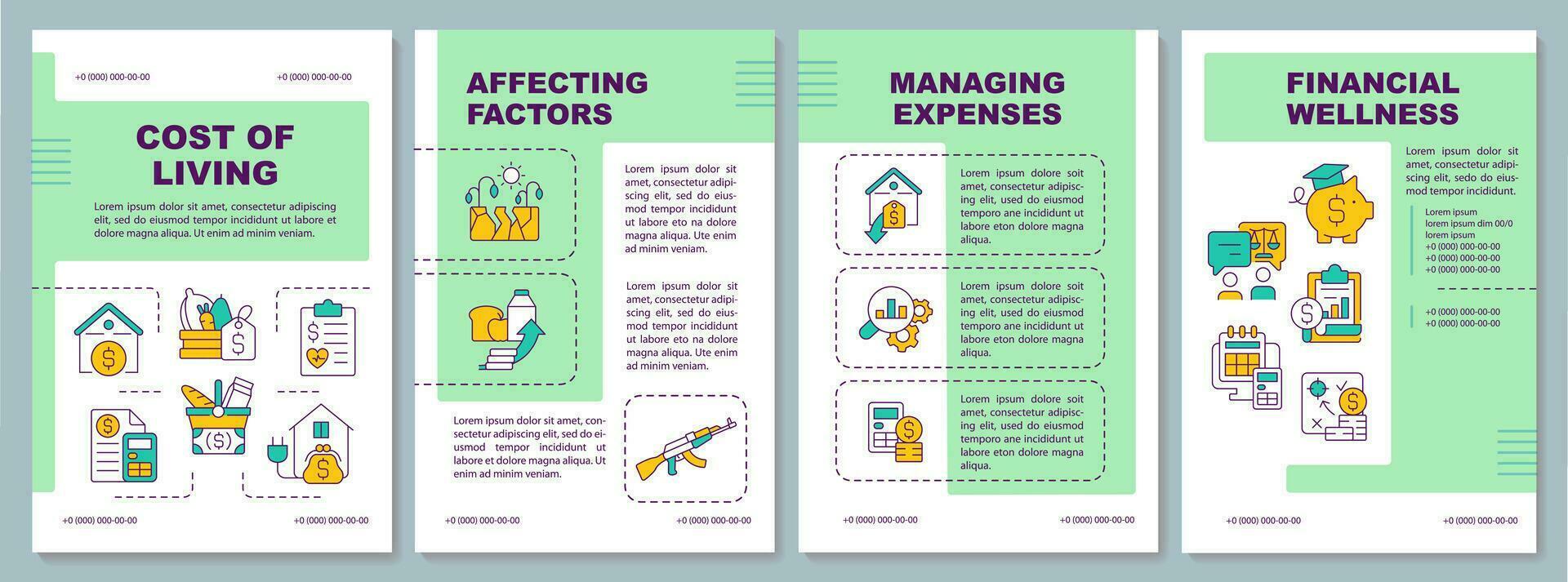 Cost of living green brochure template. Household budget. Well being. Leaflet design with linear icons. Editable 4 vector layouts for presentation, annual reports
