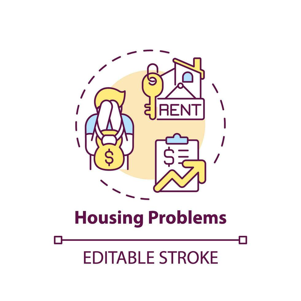 Housing problems concept icon. Rent payment. Mortgage loan. Low income. Family finance. Global crisis. Real estate abstract idea thin line illustration. Isolated outline drawing. Editable stroke vector