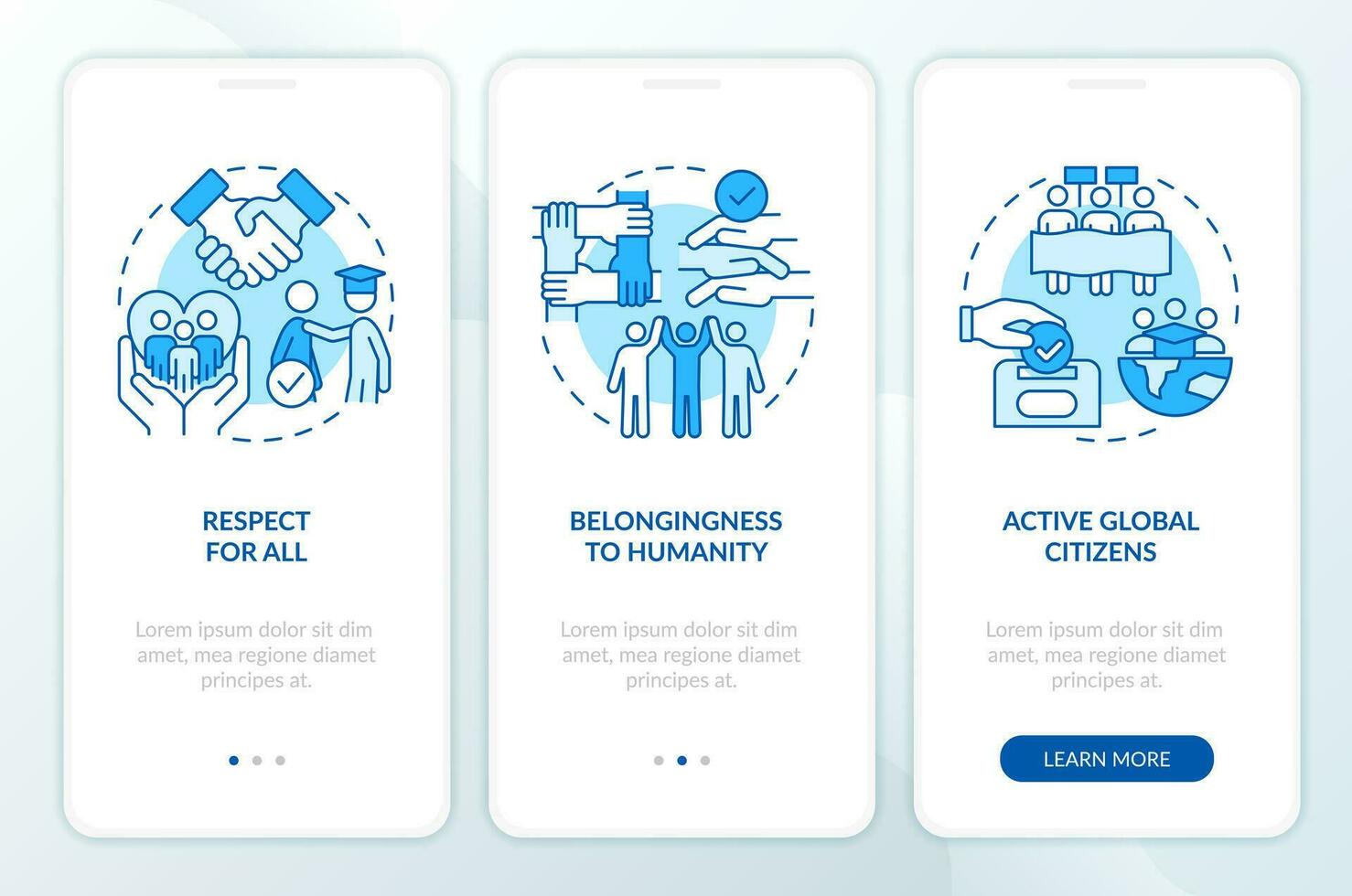 GCED goals blue onboarding mobile app screen. Sustainable development walkthrough 3 steps editable graphic instructions with linear concepts. UI, UX, GUI templated vector