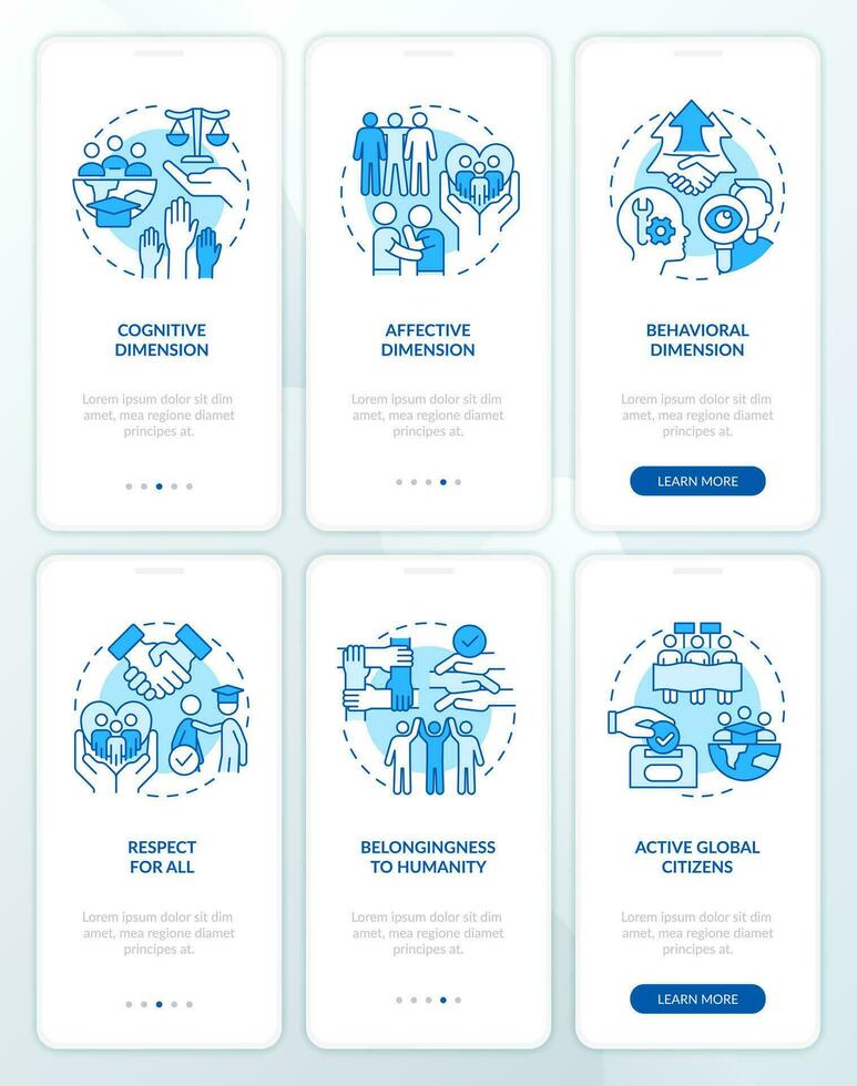 Global citizenship education blue onboarding mobile app screen set. Walkthrough 3 steps editable graphic instructions with linear concepts. UI, UX, GUI templated vector