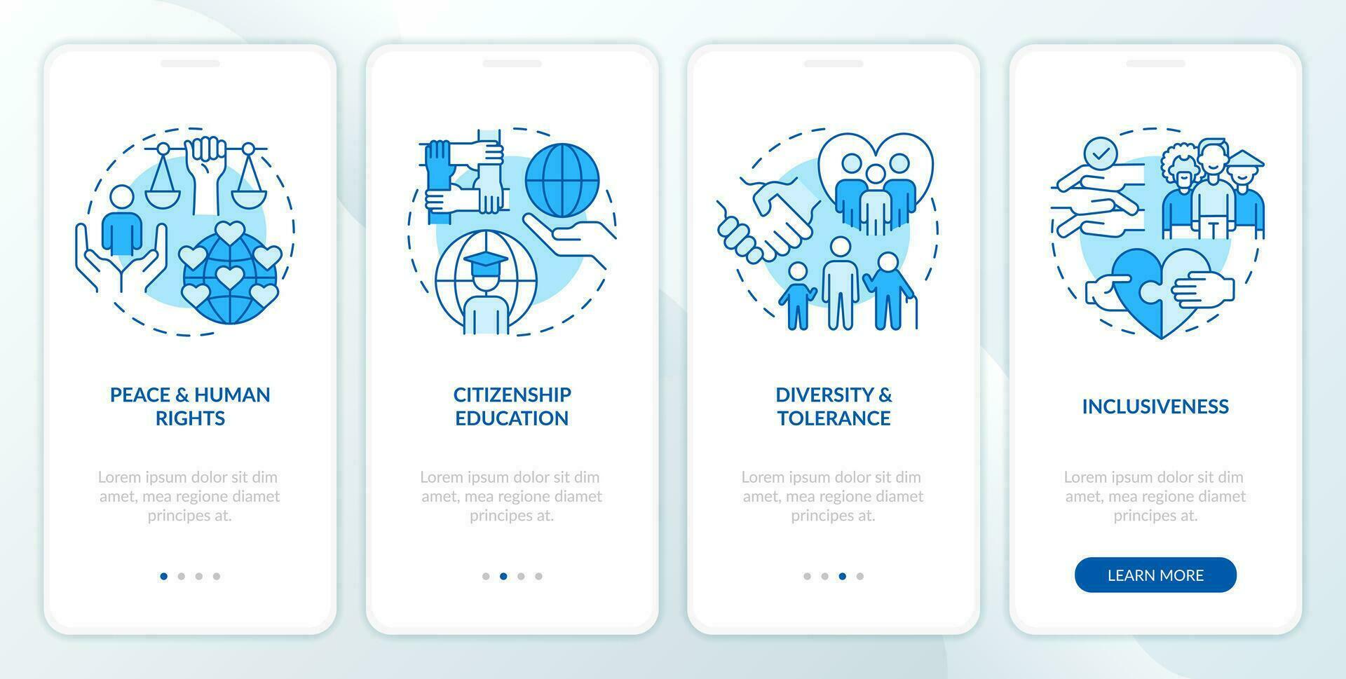 Themes GCED addresses blue onboarding mobile app screen. Walkthrough 4 steps editable graphic instructions with linear concepts. UI, UX, GUI templated vector