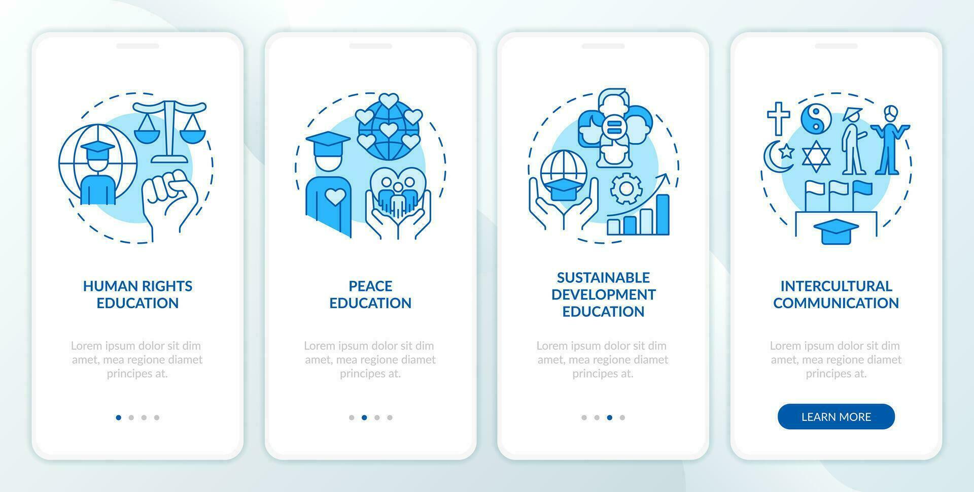GCED experiences from blue onboarding mobile app screen. Disciplines walkthrough 4 steps editable graphic instructions with linear concepts. UI, UX, GUI templated vector