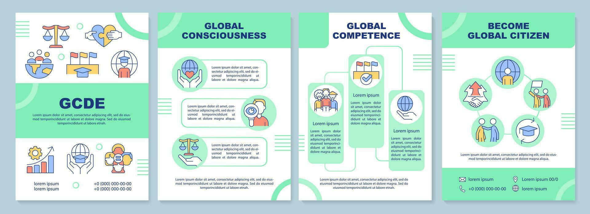 GCDE green brochure template. Global citizenship. Just society. Leaflet design with linear icons. Editable 4 vector layouts for presentation, annual reports