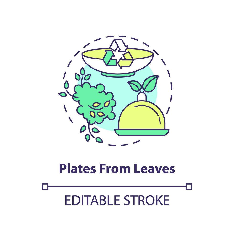 Plates from leaves concept icon. Recyclable food packaging. Zero waste. Disposable tableware idea thin line illustration. Isolated outline drawing. Editable stroke vector