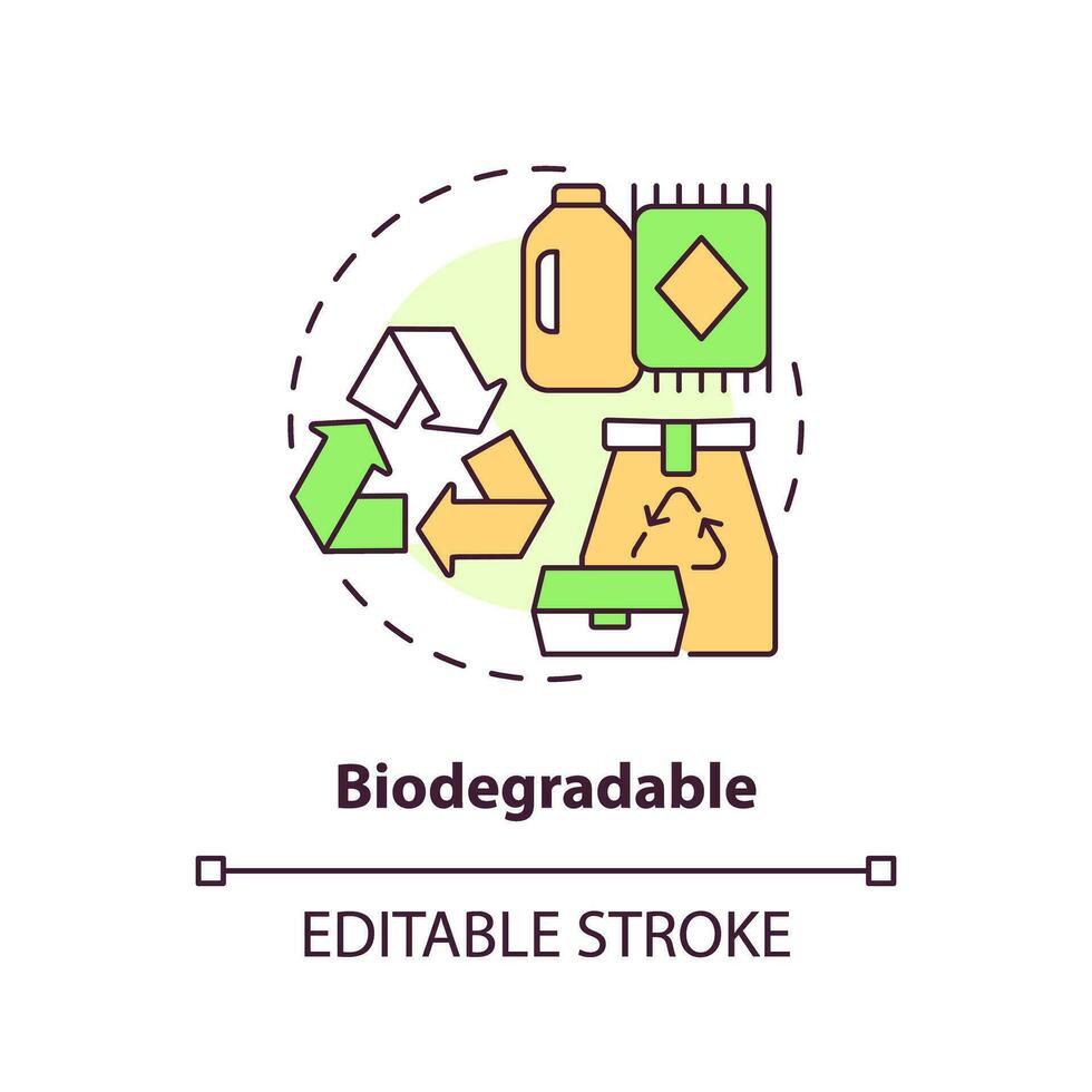 Biodegradable concept icon. Compostable product. Eco friendly solution. Biobased material idea thin line illustration. Isolated outline drawing. Editable stroke vector