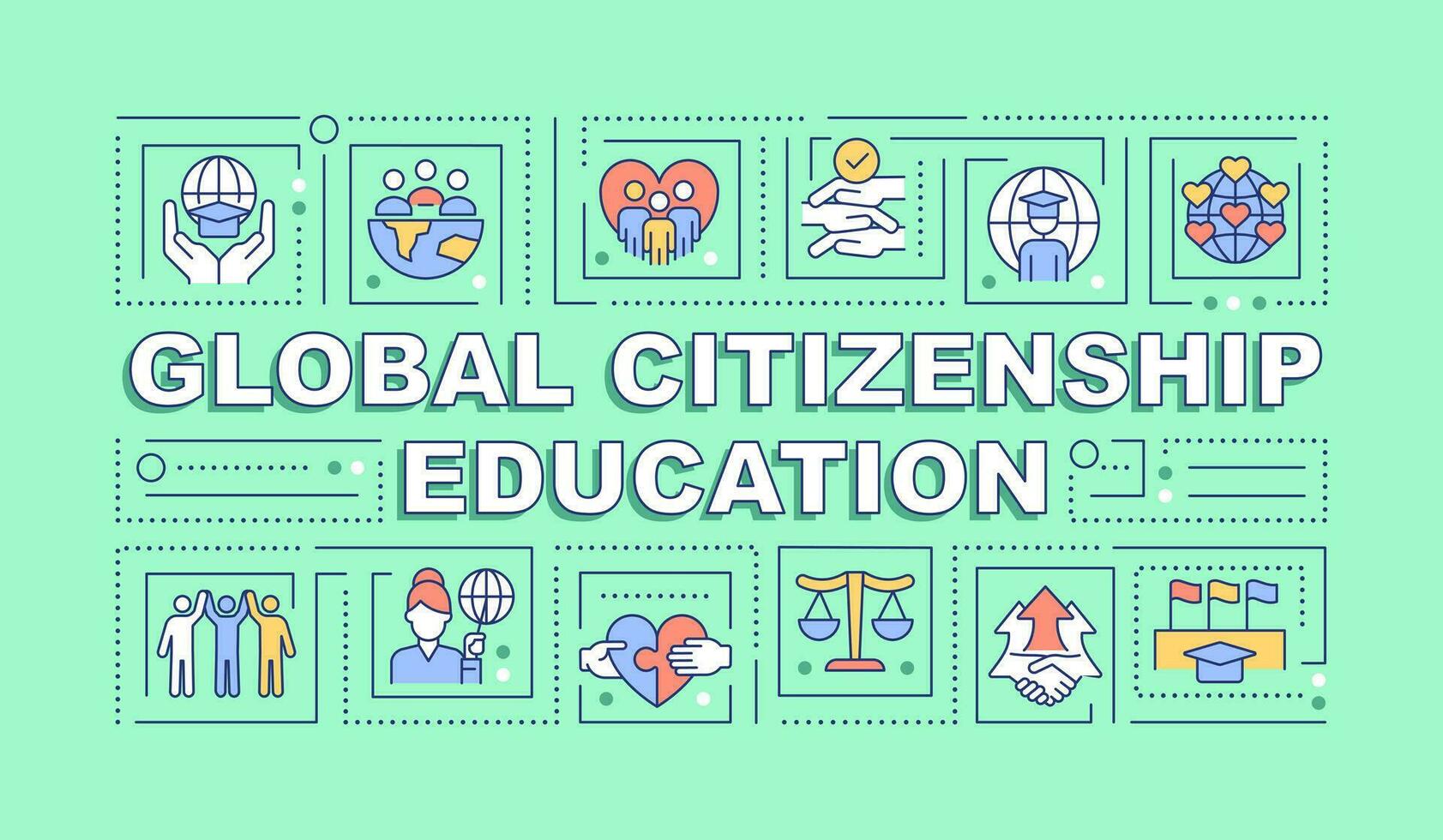 Global citizenship education word concepts green banner. Civic learning. Infographics with editable icons on color background. Isolated typography. Vector illustration with text