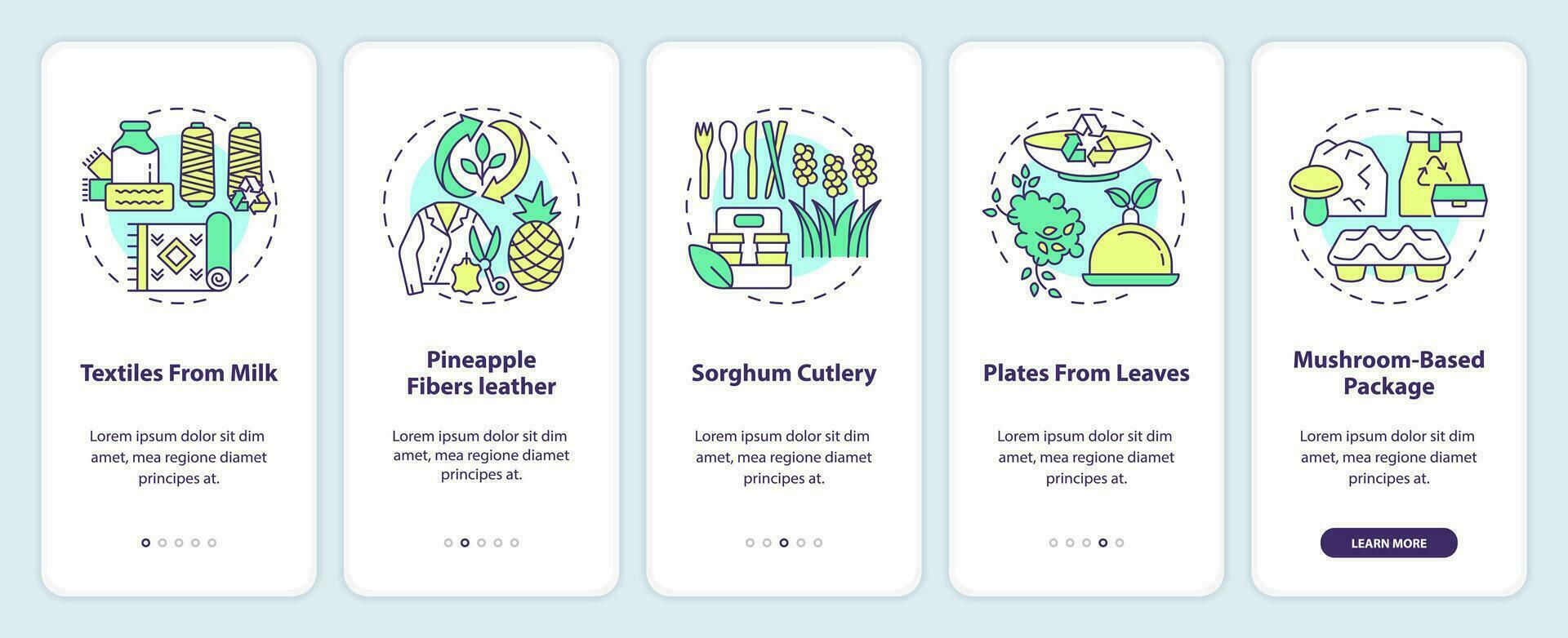 Bio based materials examples onboarding mobile app screen. Walkthrough 5 steps editable graphic instructions with linear concepts. UI, UX, GUI templated vector