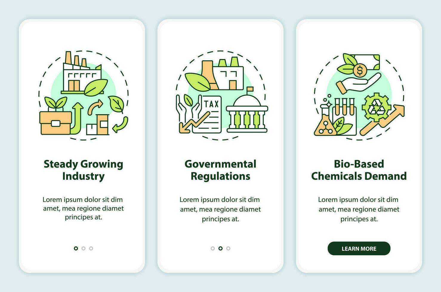 Bio based materials future onboarding mobile app screen. Bioeconomics walkthrough 3 steps editable graphic instructions with linear concepts. UI, UX, GUI templated vector