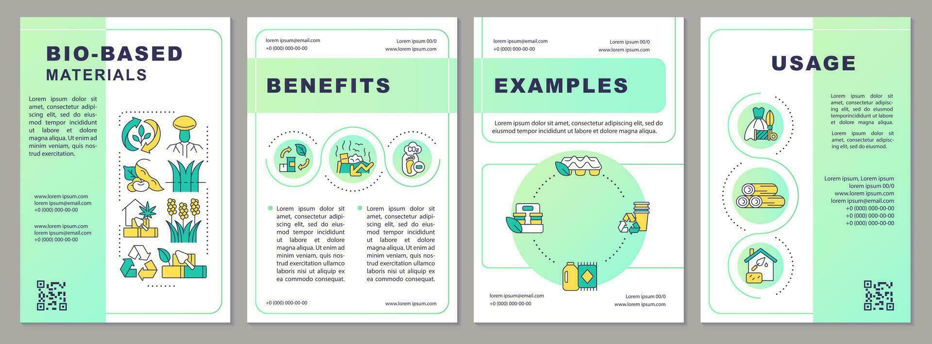 Bio based materials green gradient brochure template. Bio economy. Leaflet design with linear icons. Editable 4 vector layouts for presentation, annual reports