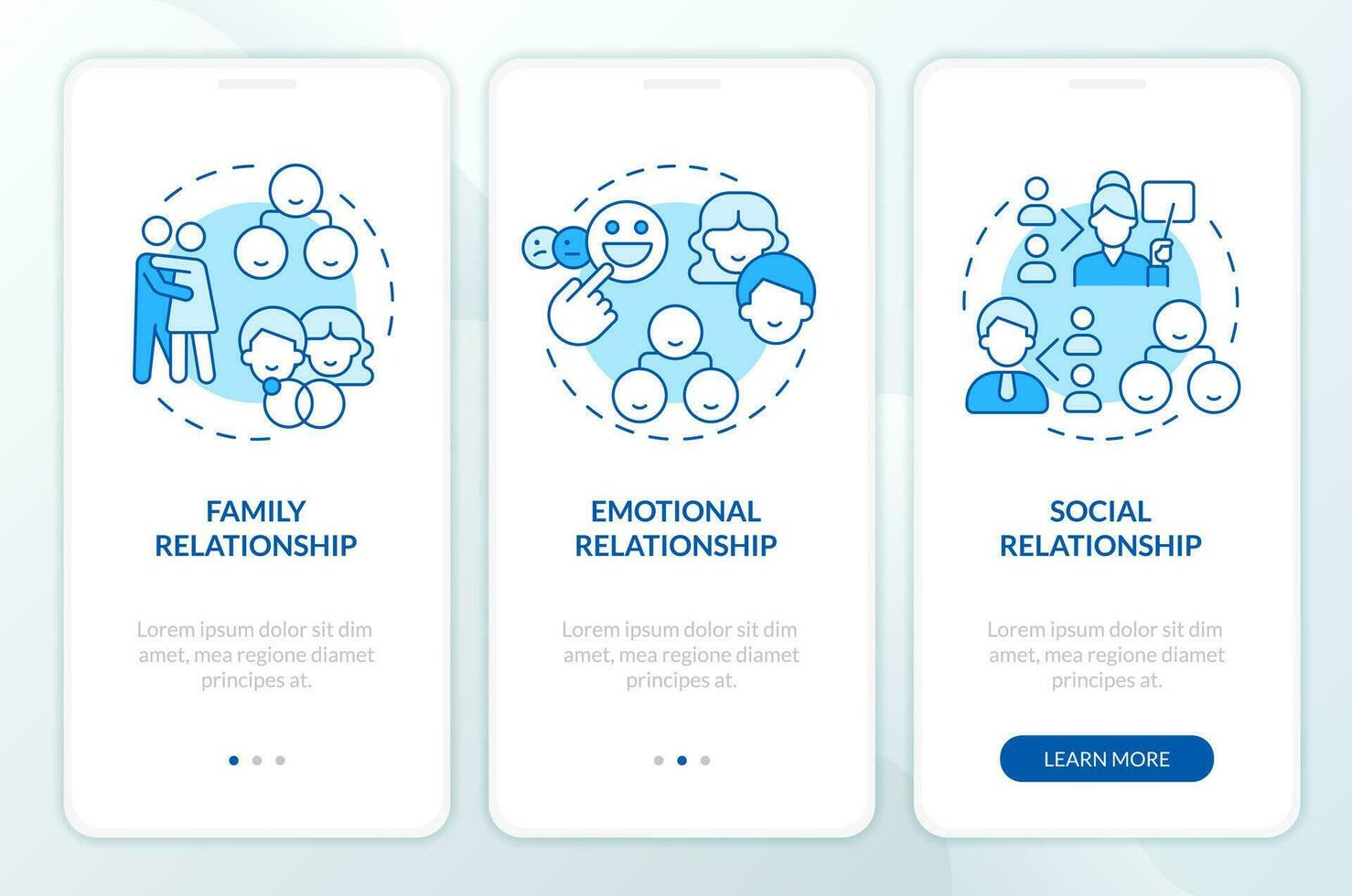 Genograms information blue onboarding mobile app screen. Walkthrough 3 steps editable graphic instructions with linear concepts. UI, UX, GUI templated vector