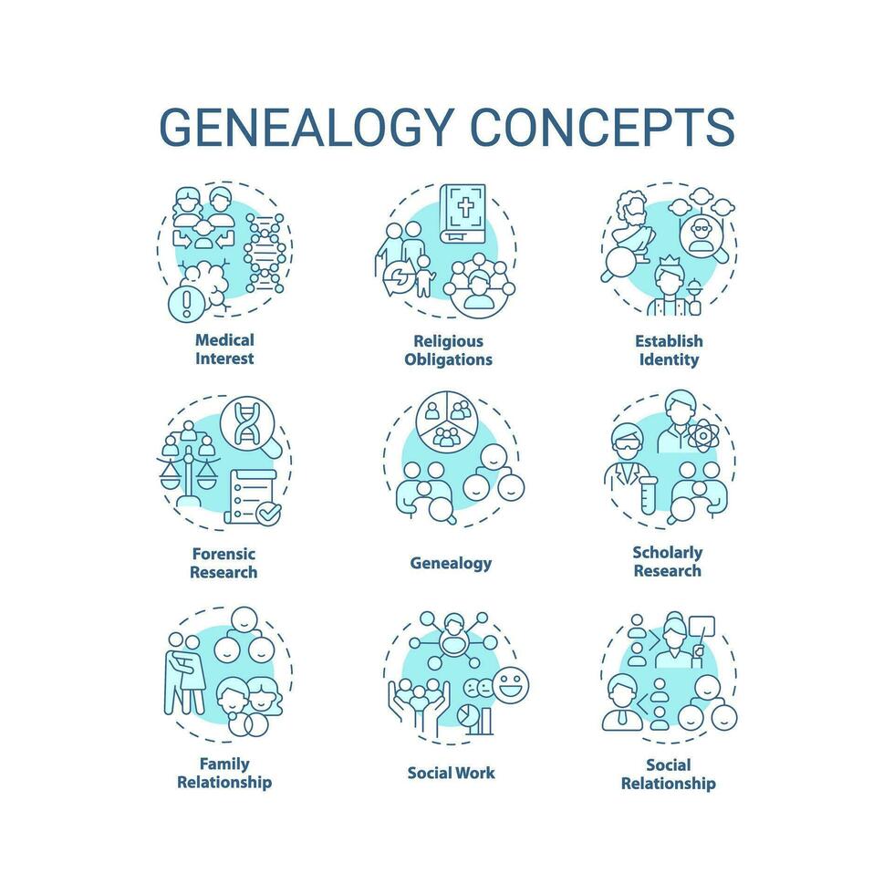 Genealogy blue concept icons set. Family roots. Genetic disorders. Inheritance idea thin line color illustrations. Isolated symbols. Editable stroke vector