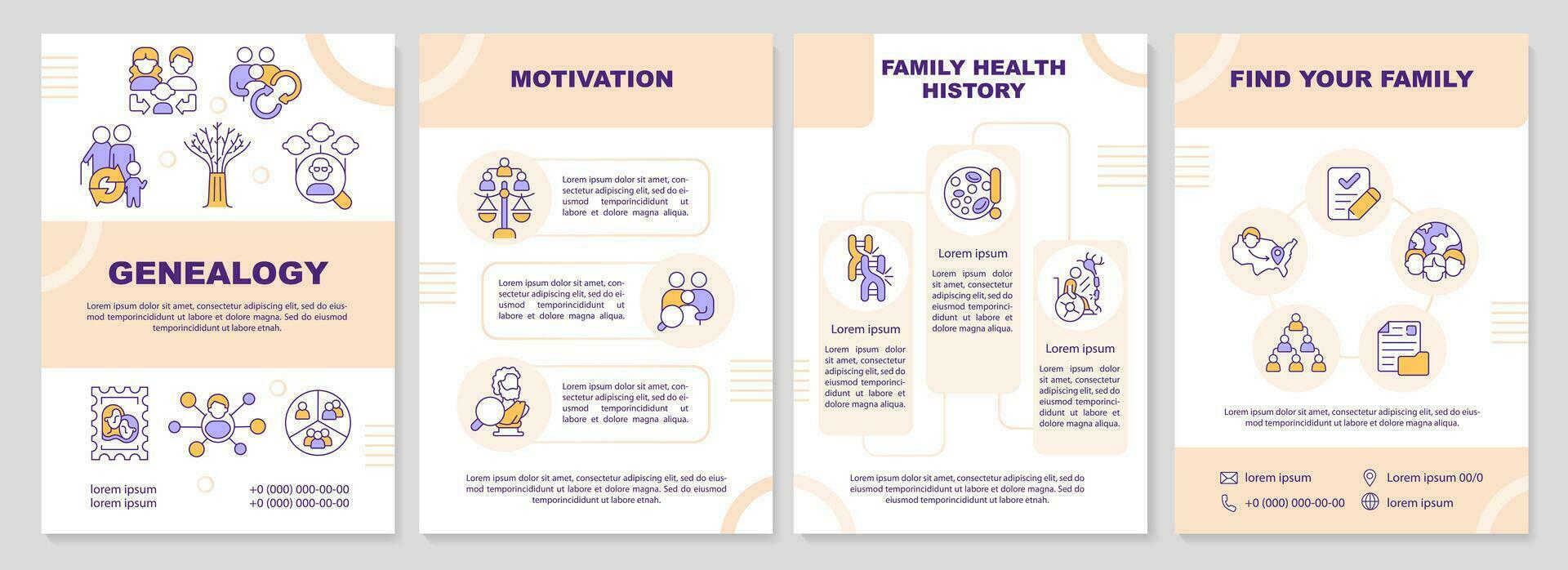 Genealogy orange brochure template. Family history. Leaflet design with linear icons. Editable 4 vector layouts for presentation, annual reports