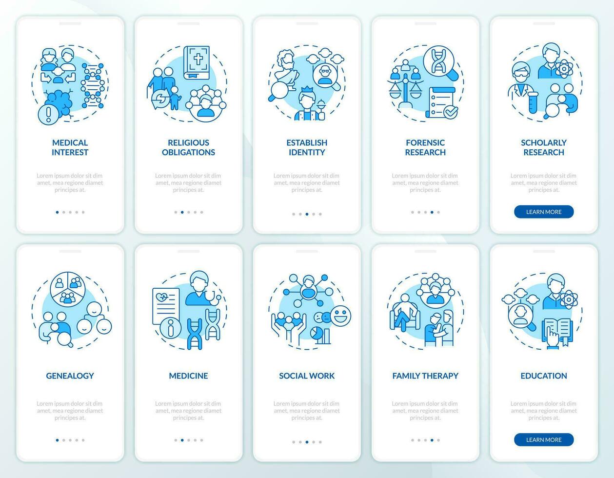 Family tree usage blue onboarding mobile app screen set. Walkthrough 5 steps editable graphic instructions with linear concepts. UI, UX, GUI templated vector