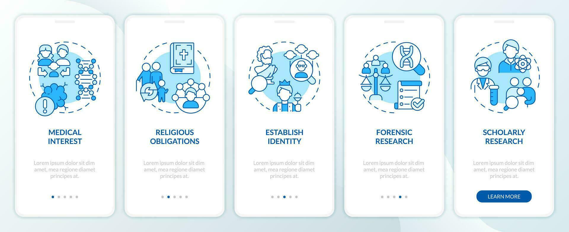 Genealogical research motivation blue onboarding mobile app screen. Walkthrough 5 steps editable graphic instructions with linear concepts. UI, UX, GUI templated vector