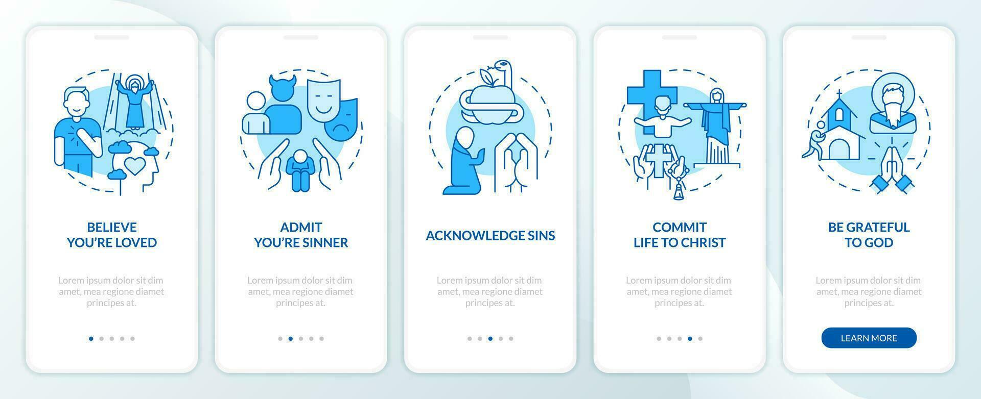 Becoming Christian blue onboarding mobile app screen. Faith walkthrough 5 steps editable graphic instructions with linear concepts. UI, UX, GUI templated vector
