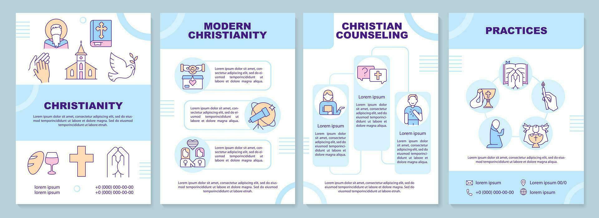 Christianity blue brochure template. Culture of faith. Leaflet design with linear icons. Editable 4 vector layouts for presentation, annual reports