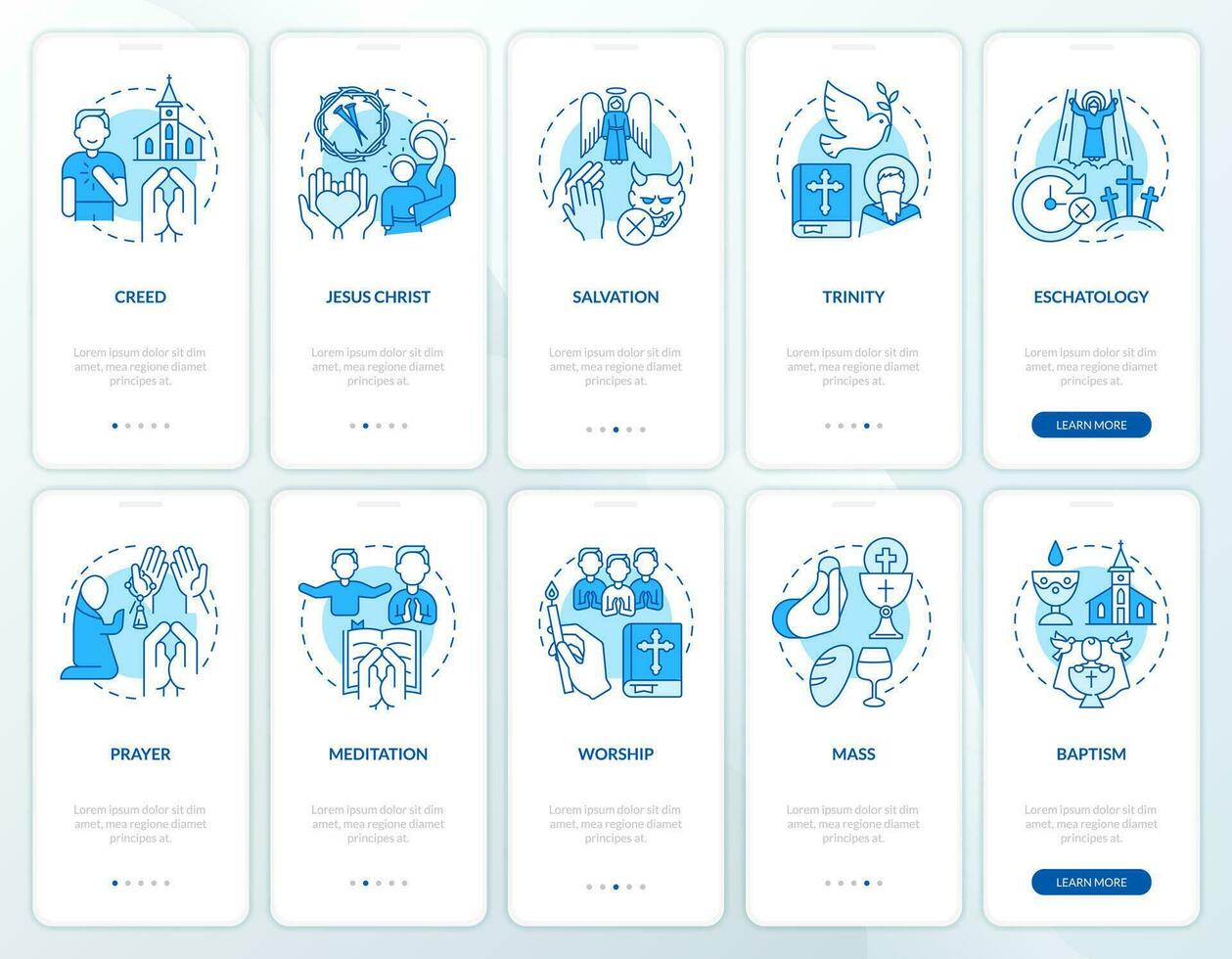 Christian beliefs and rituals blue onboarding mobile app screens set. Walkthrough 5 steps editable graphic instructions with linear concepts. UI, UX, GUI templated vector
