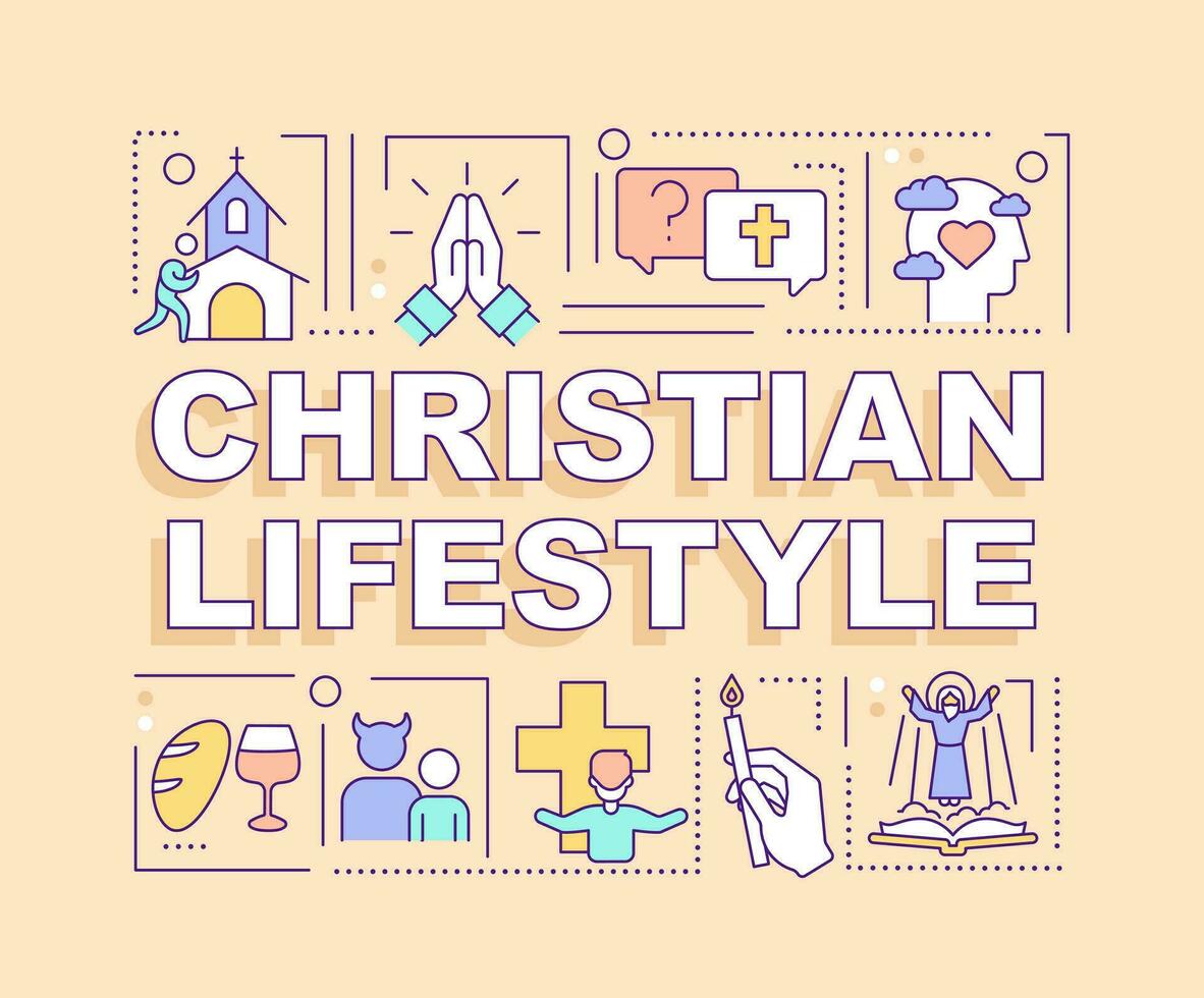 Christian lifestyle word concepts yellow banner. Religion culture. Infographics with editable icons on color background. Isolated typography. Vector illustration with text