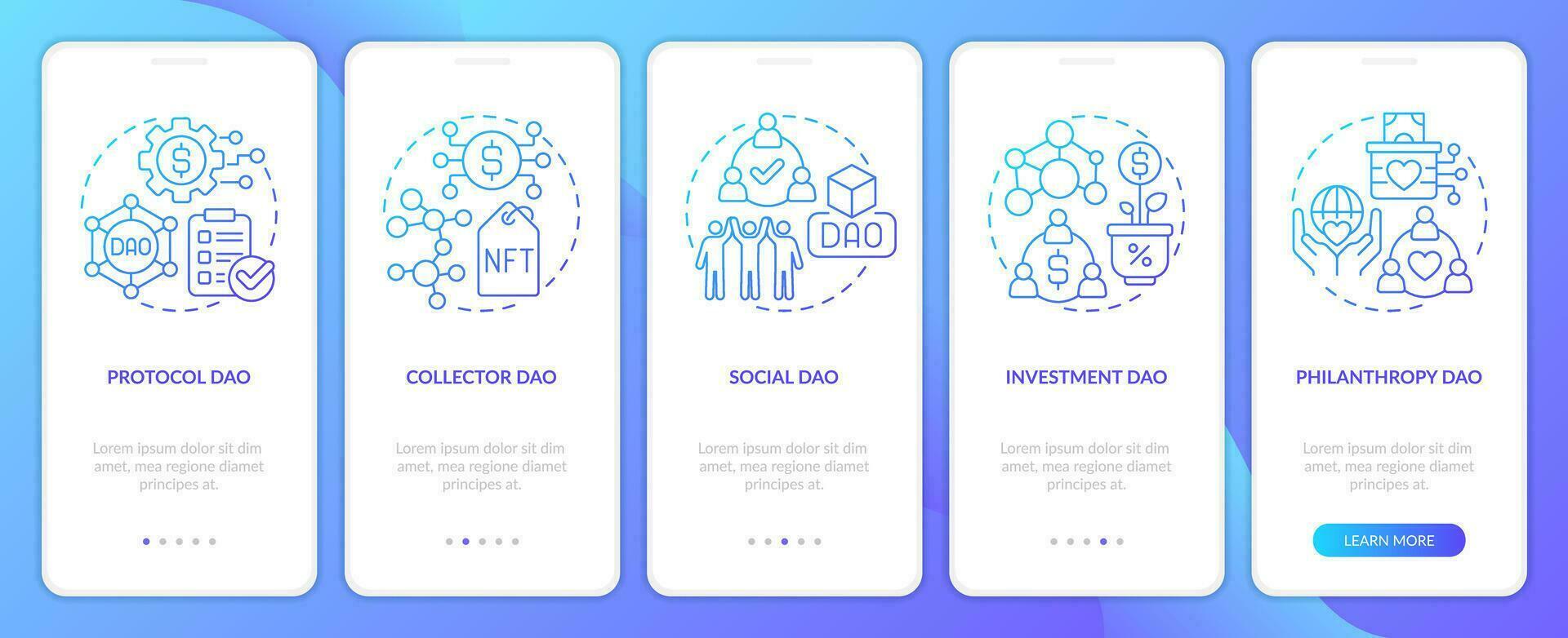 Types of DAOs blue gradient onboarding mobile app screen. Internet industry walkthrough 5 steps graphic instructions with linear concepts. UI, UX, GUI templated vector