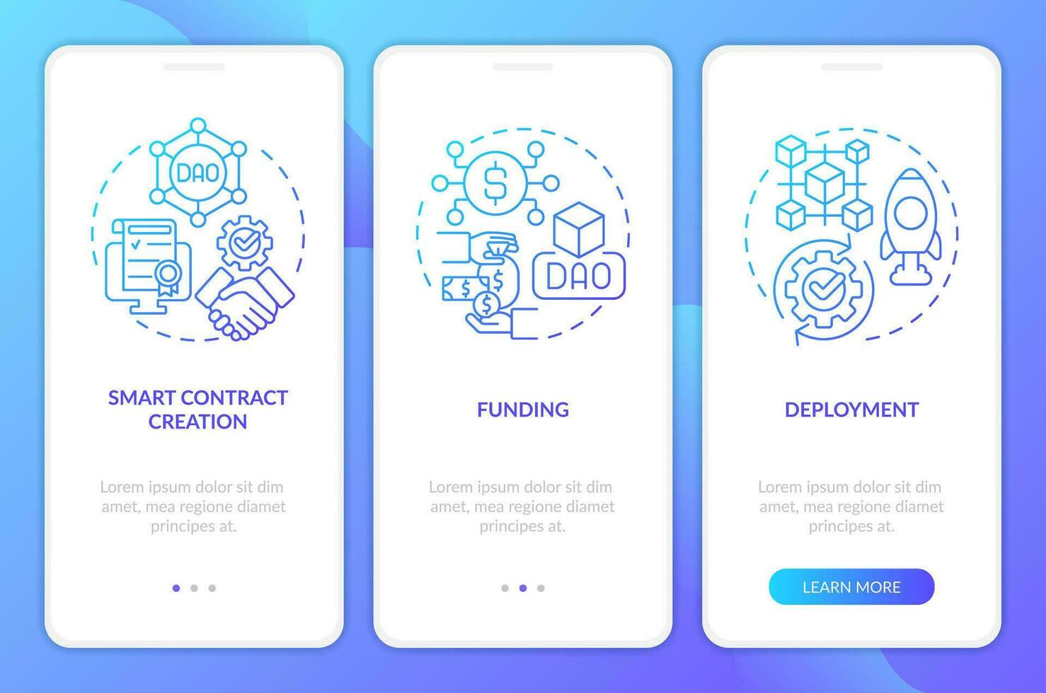 DAO lunch stages blue gradient onboarding mobile app screen. Technology walkthrough 3 steps graphic instructions with linear concepts. UI, UX, GUI templated vector