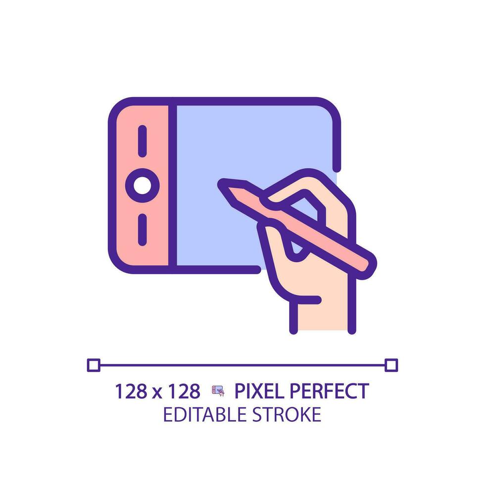 Hand with graphic tablet pixel perfect RGB color icon. Designer instrument. Digital device for artworks creation. Isolated vector illustration. Simple filled line drawing. Editable stroke