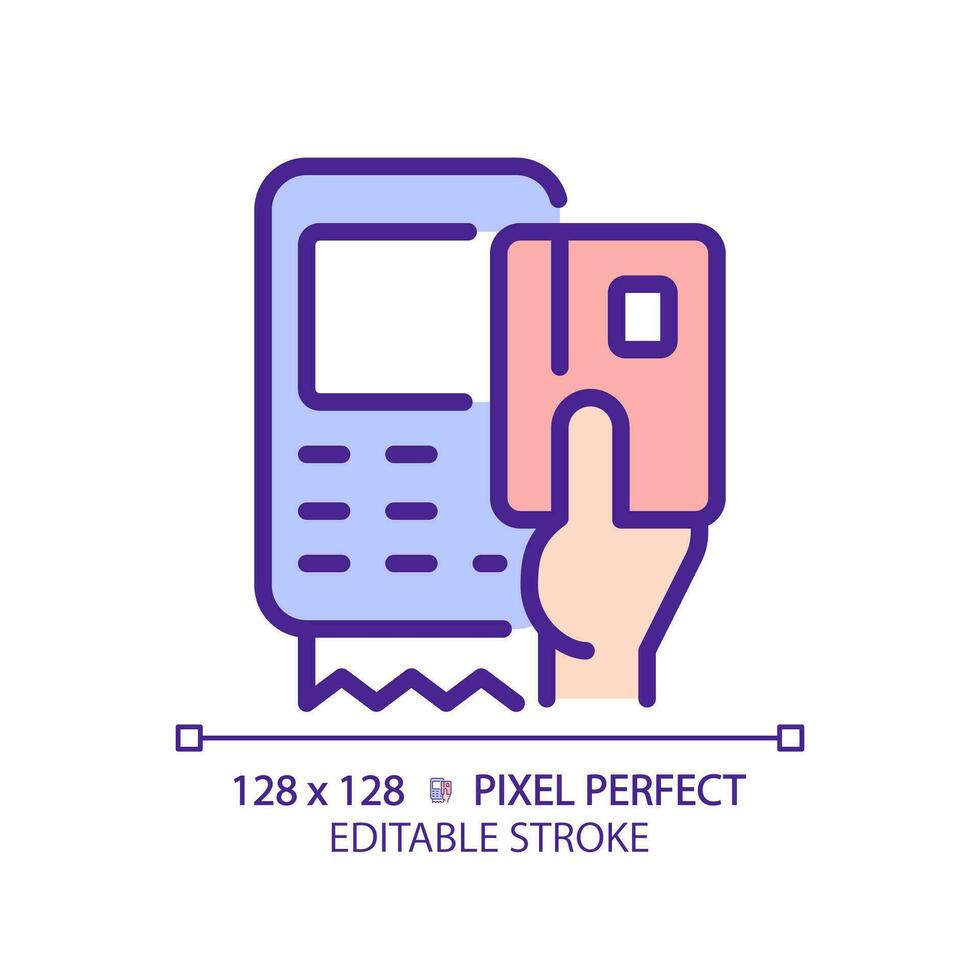 Hand with EDC device pixel perfect RGB color icon. POS terminal for payment with credit cards. Digital banking technology. Isolated vector illustration. Simple filled line drawing. Editable stroke