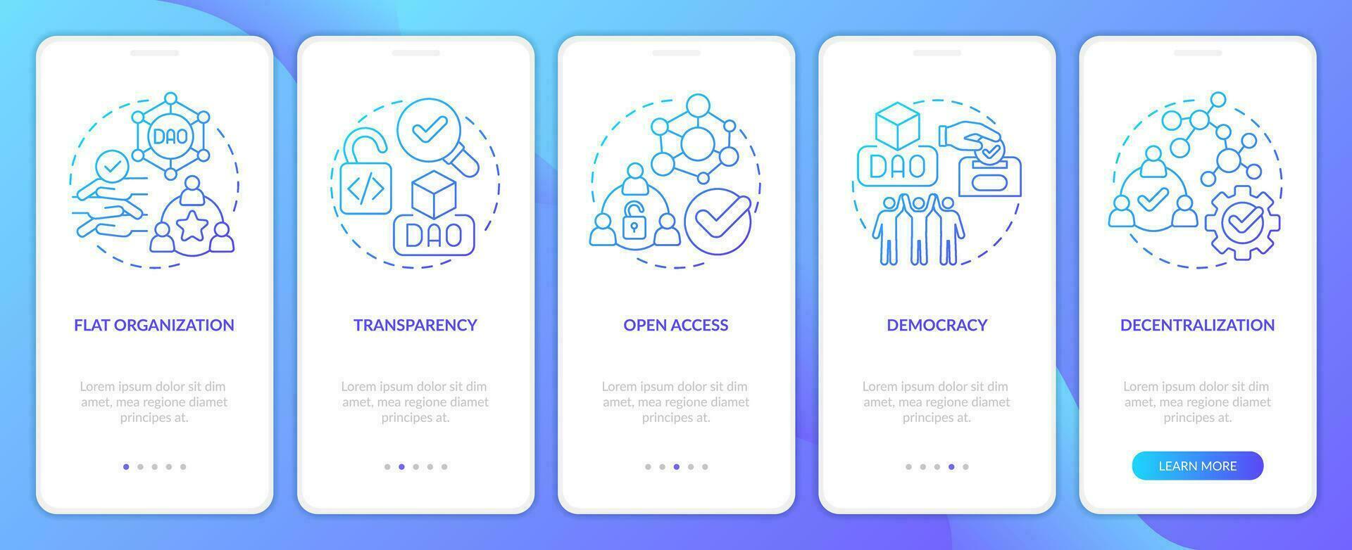 DAO characteristics blue gradient onboarding mobile app screen. Business walkthrough 5 steps graphic instructions with linear concepts. UI, UX, GUI templated vector