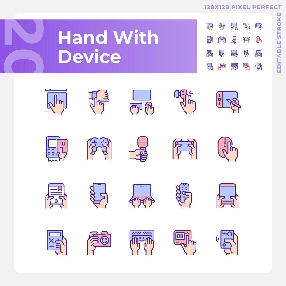 Hands with devices pixel perfect RGB color icons set. User with electronic gadgets. Digital technology. Isolated vector illustrations. Simple filled line drawings collection. Editable stroke