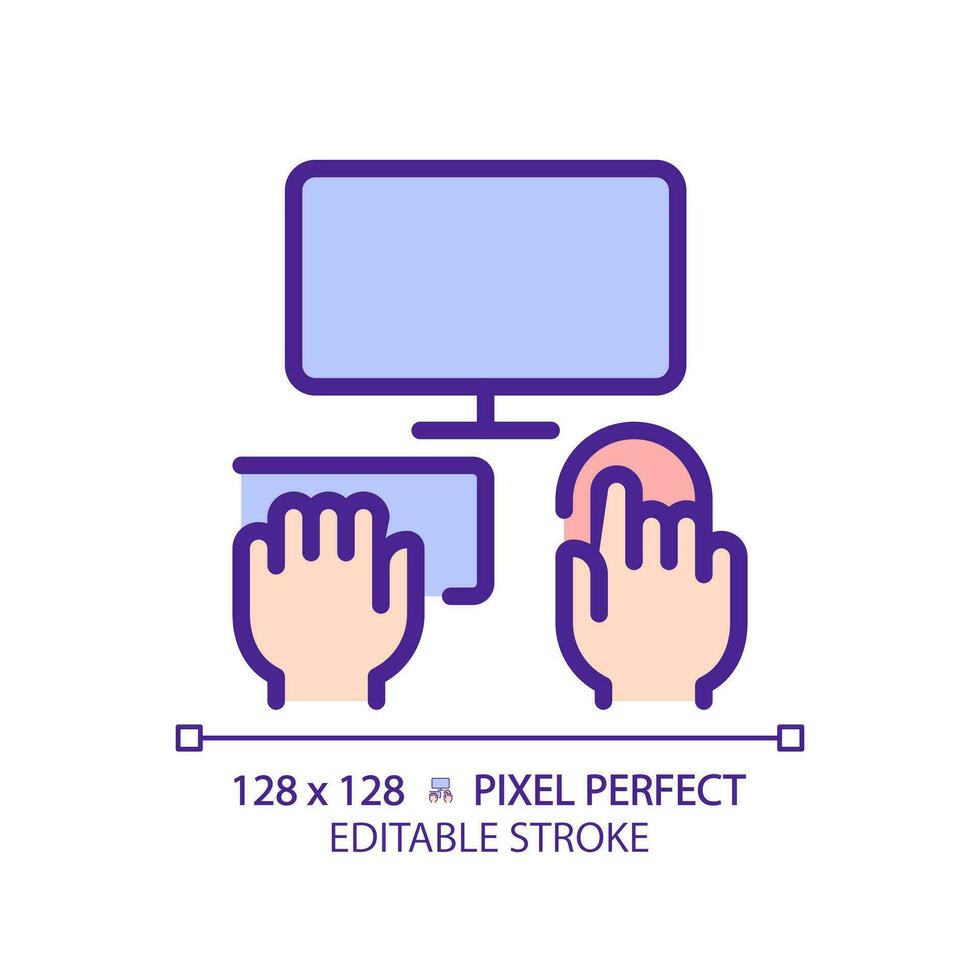 Hands with computer pixel perfect RGB color icon. Person working on PC. Electronic equipment for work and hobby. Isolated vector illustration. Simple filled line drawing. Editable stroke