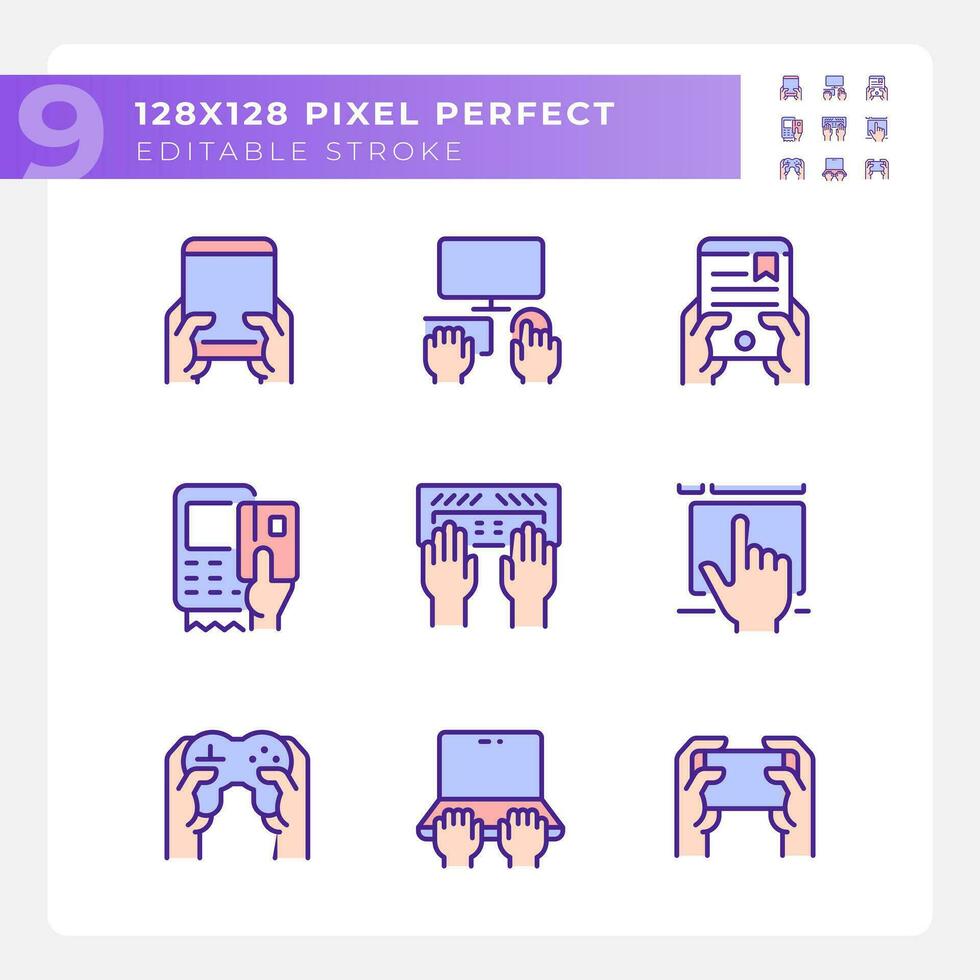 Hands using gadgets pixel perfect RGB color icons set. Technology of business and entertainment. Hardware user. Isolated vector illustrations. Simple filled line drawings collection. Editable stroke