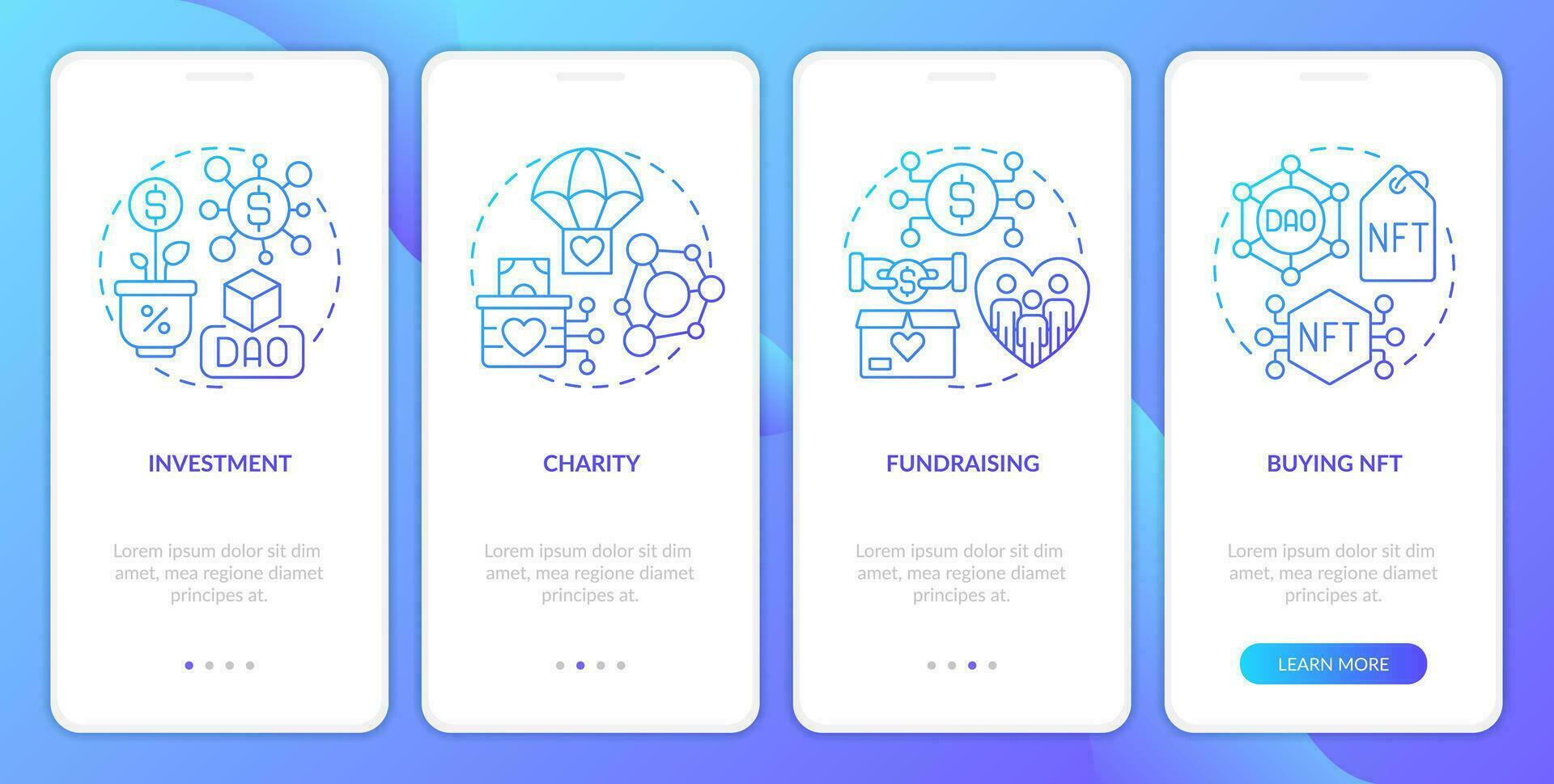DAO usage purpose blue gradient onboarding mobile app screen. Internet business walkthrough 4 steps graphic instructions with linear concepts. UI, UX, GUI templated vector