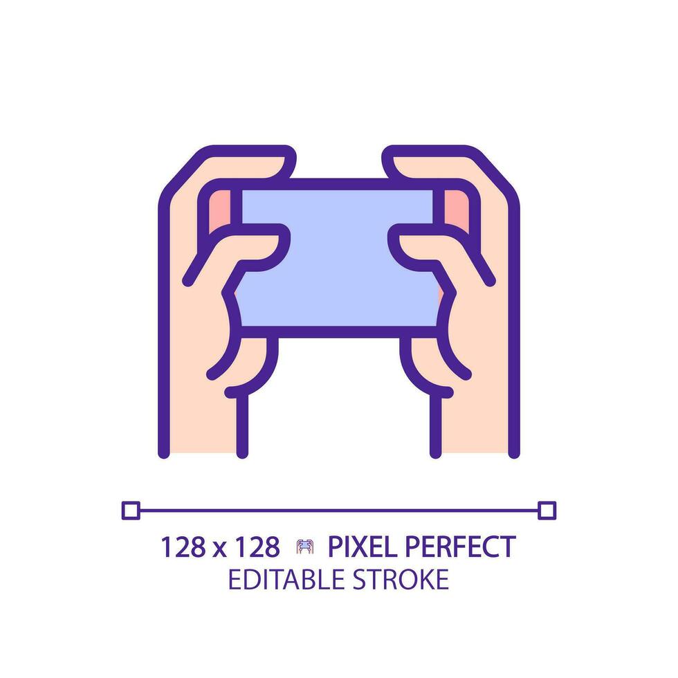 Holding smartphone with two hands pixel perfect RGB color icon. Playing video games. Comfortable device usage. Isolated vector illustration. Simple filled line drawing. Editable stroke