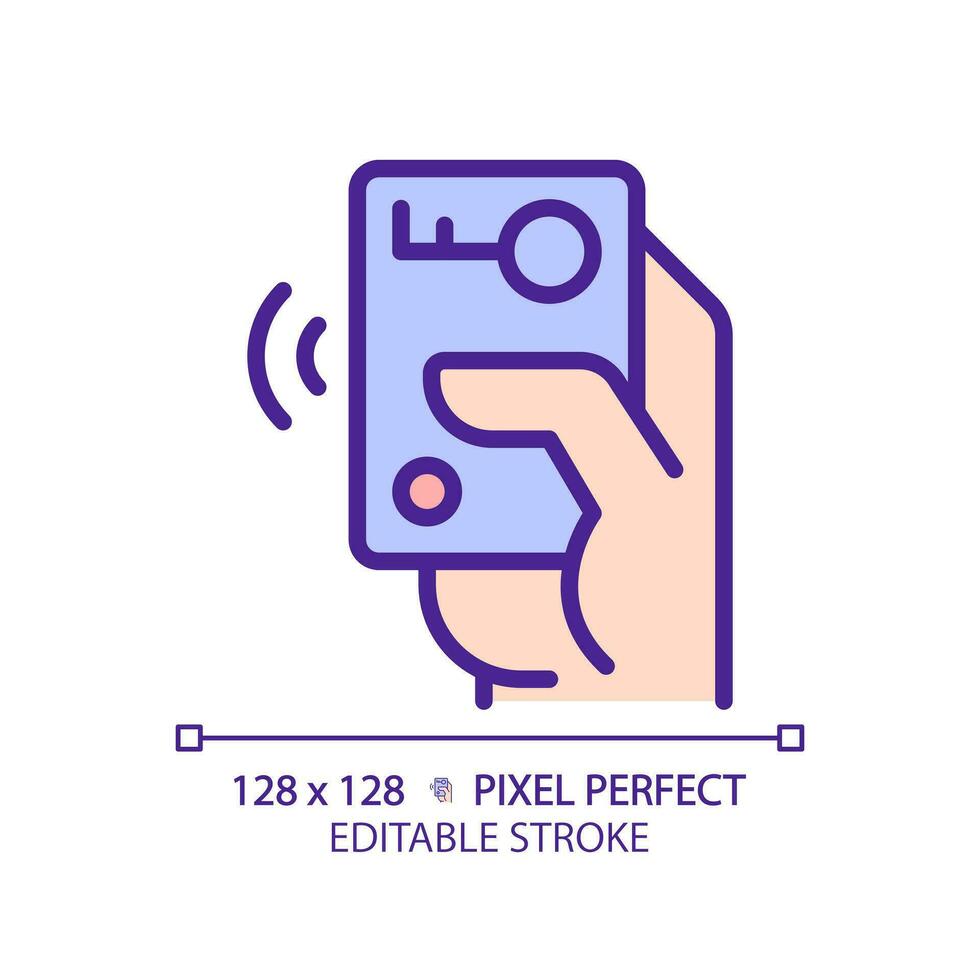 Hand with car remote starter pixel perfect RGB color icon. Wireless automobile key. Digital card. Innovative technology. Isolated vector illustration. Simple filled line drawing. Editable stroke
