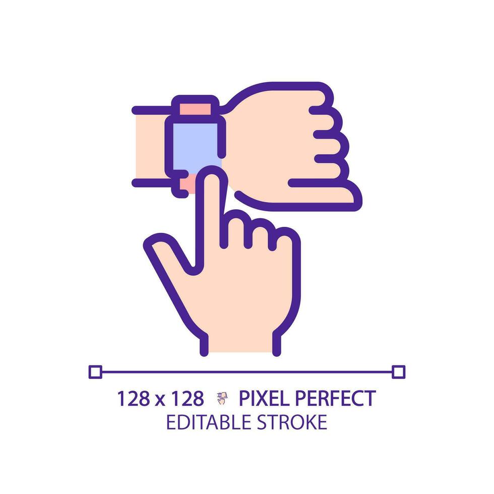 Hand with smart watch pixel perfect RGB color icon. Digital wristwatch with useful appliances. Personal device. Isolated vector illustration. Simple filled line drawing. Editable stroke