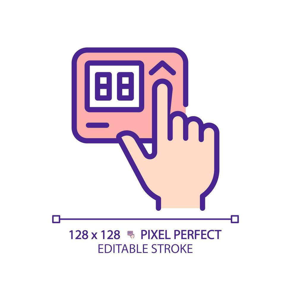 Hand with thermostat pixel perfect RGB color icon. Adjusting temperature on control panel. Home appliance. Isolated vector illustration. Simple filled line drawing. Editable stroke