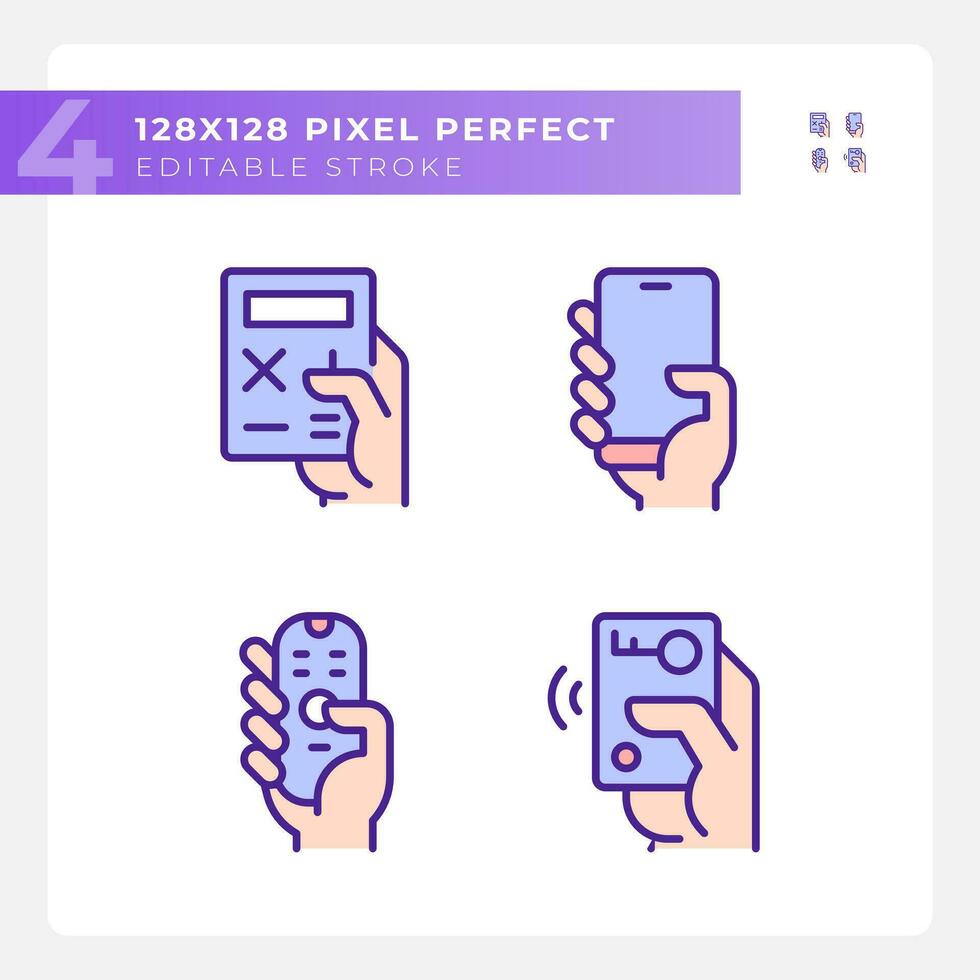Hands with mobile devices pixel perfect RGB color icons set. Appliances for control and communication. Isolated vector illustrations. Simple filled line drawings collection. Editable stroke