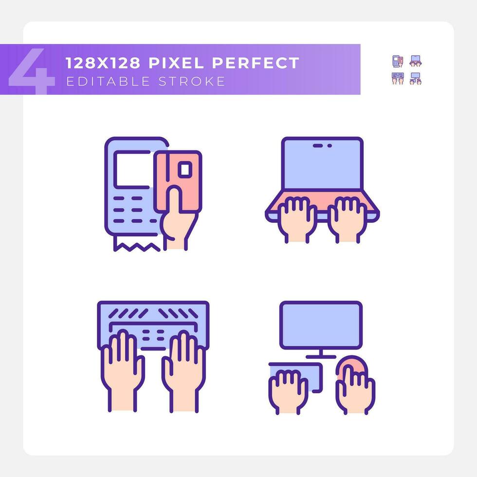 Hands using devices pixel perfect RGB color icons set. Opportunity for technology users. Computing development. Isolated vector illustrations. Simple filled line drawings collection. Editable stroke
