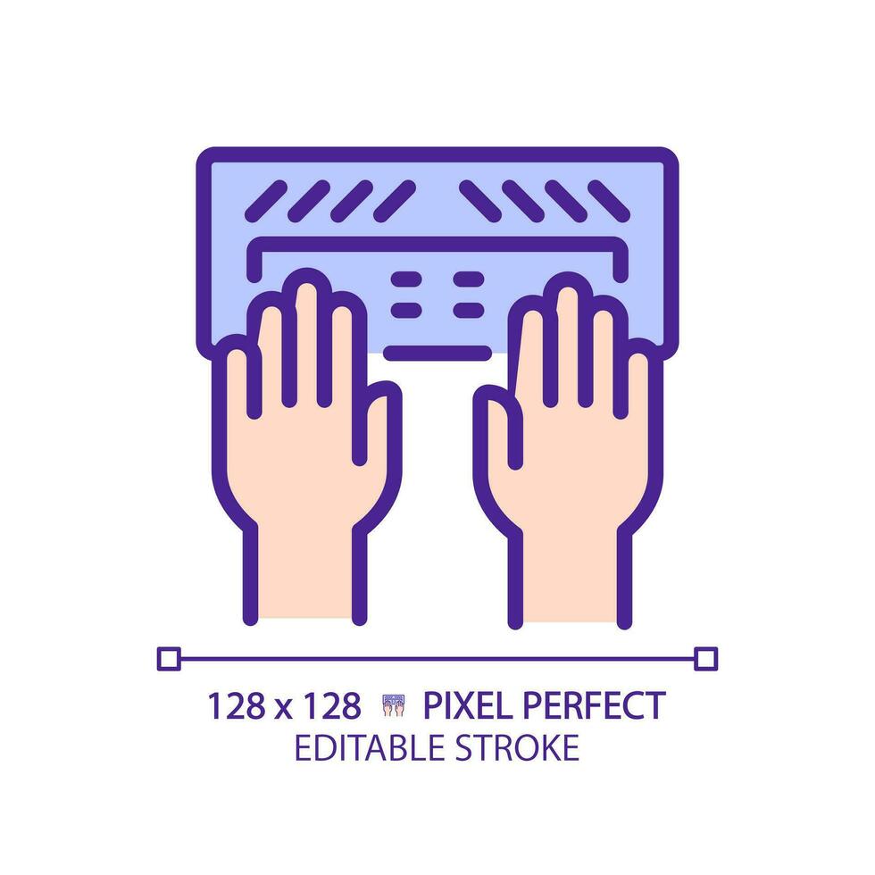 Hands with Braille keyboard pixel perfect RGB color icon. Equipment for users with eyesight problems. Blind support. Isolated vector illustration. Simple filled line drawing. Editable stroke