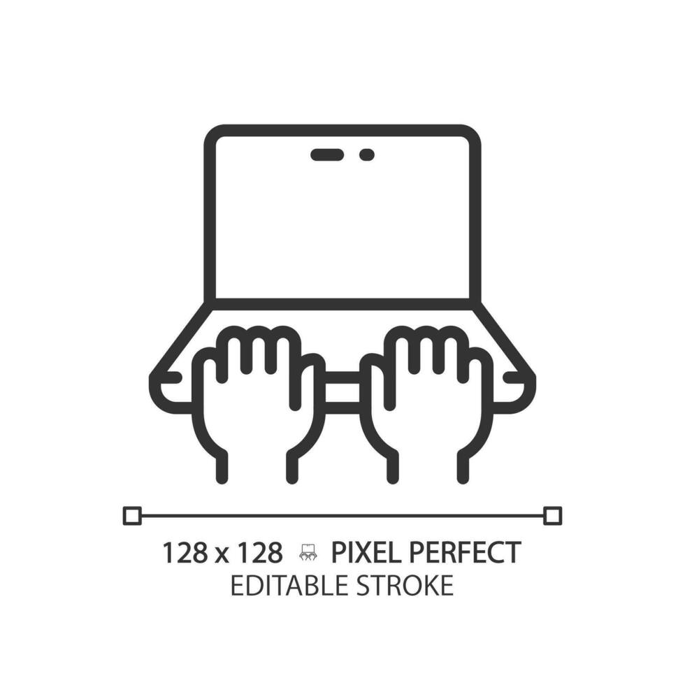 Hands with laptop pixel perfect linear icon. Person working on notebook computer. Typing on keyboard. Thin line illustration. Contour symbol. Vector outline drawing. Editable stroke