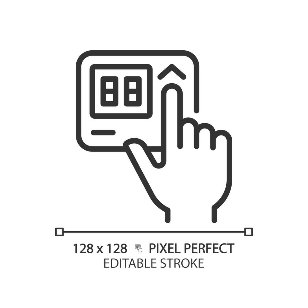 Hand with thermostat pixel perfect linear icon. Adjusting temperature on control panel. Home appliance. Thin line illustration. Contour symbol. Vector outline drawing. Editable stroke