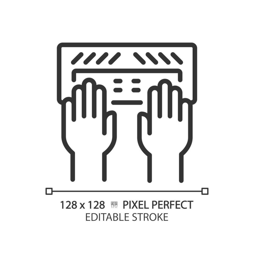 Hands with Braille keyboard pixel perfect linear icon. Equipment for users with eyesight problems. Blind support. Thin line illustration. Contour symbol. Vector outline drawing. Editable stroke