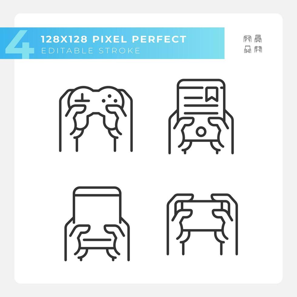 Hands with amusing gadgets pixel perfect linear icons set. Digital devices for entertainment. Electronics. Customizable thin line symbols. Isolated vector outline illustrations. Editable stroke