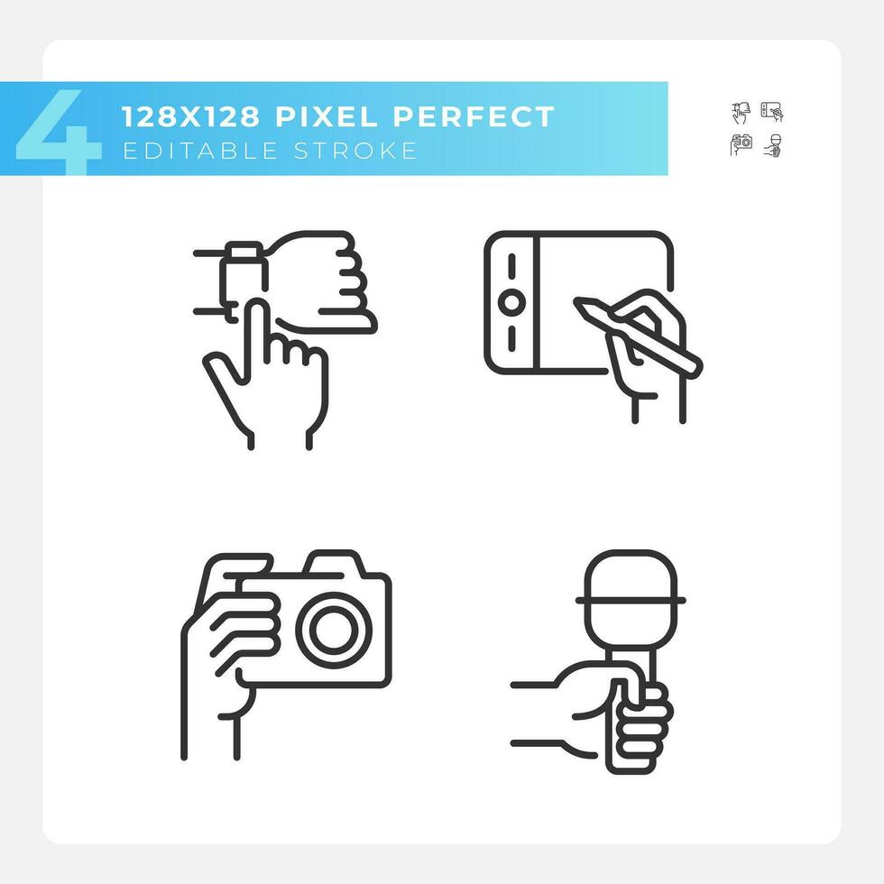 Hands with different devices pixel perfect linear icons set. Digital technology. Gadget usage purposes. Customizable thin line symbols. Isolated vector outline illustrations. Editable stroke