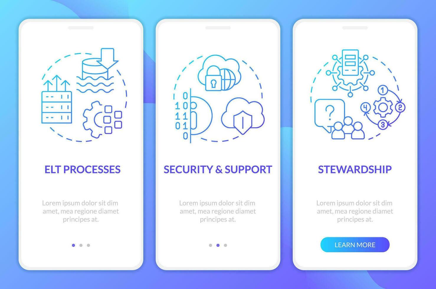 datos lago arquitectura componentes azul degradado móvil aplicación pantalla. recorrido 3 pasos gráfico instrucciones con lineal conceptos. ui, ux, gui plantilla vector