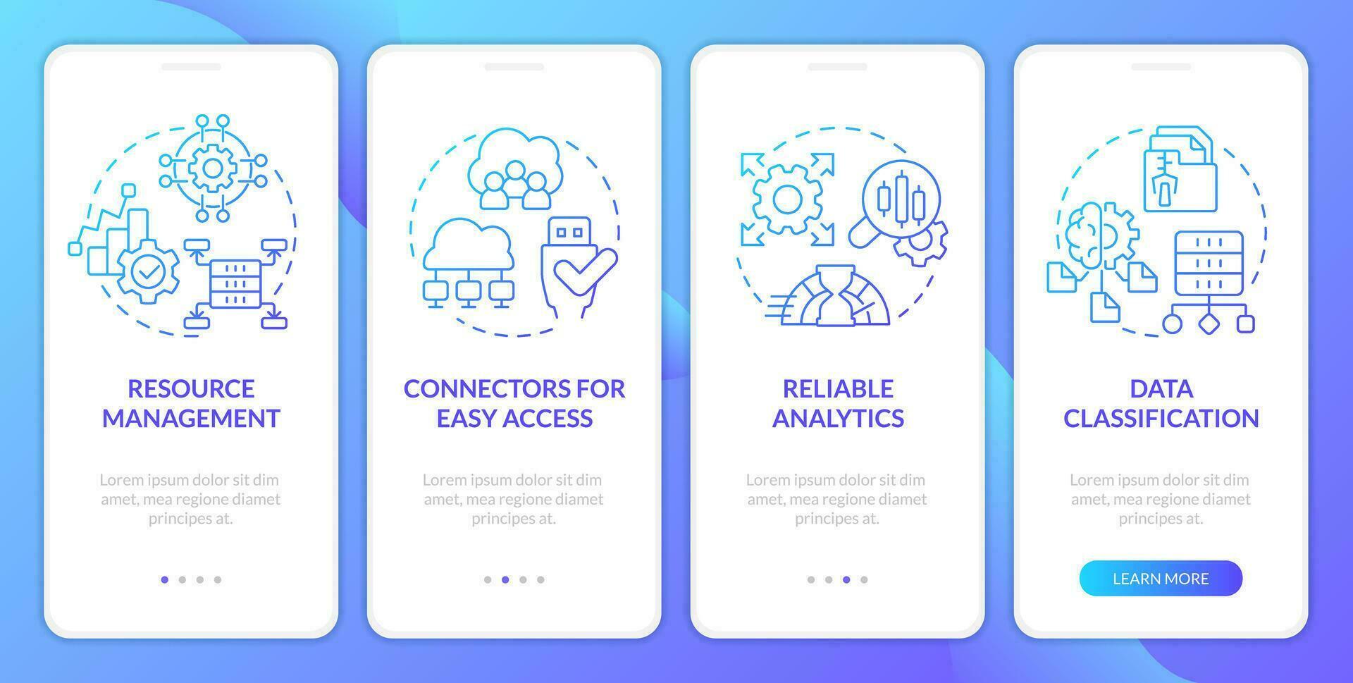 Data lake architecture blue gradient mobile app screen. Digital storage. Walkthrough 4 steps graphic instructions with linear concepts. UI, UX, GUI templated vector