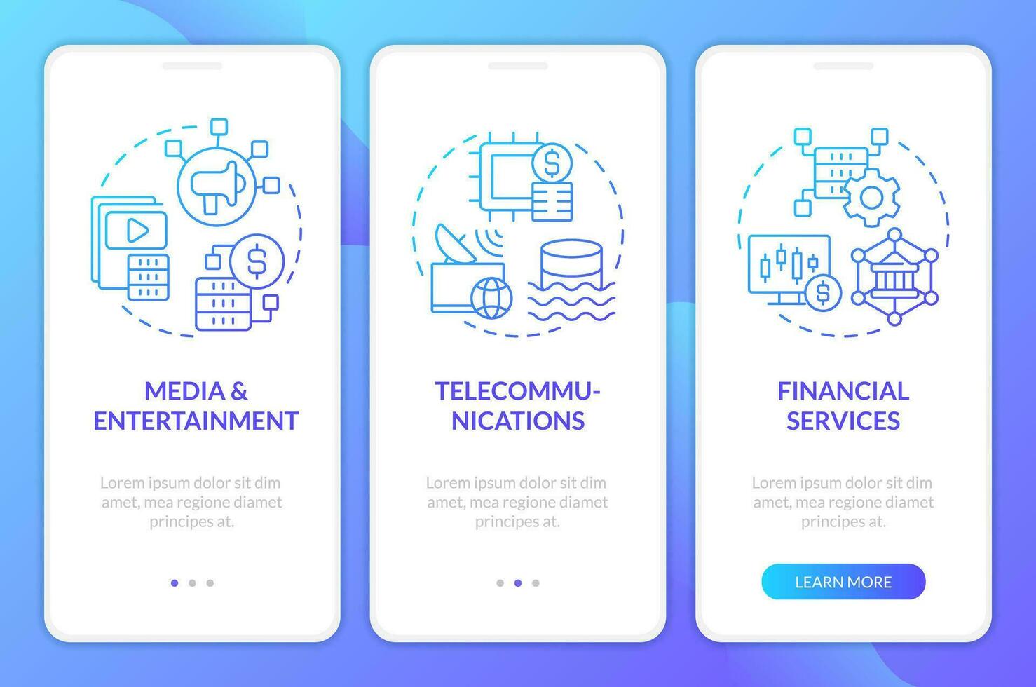 Data lake use cases blue gradient mobile app screen. Industries walkthrough 3 steps graphic instructions with linear concepts. UI, UX, GUI templated vector