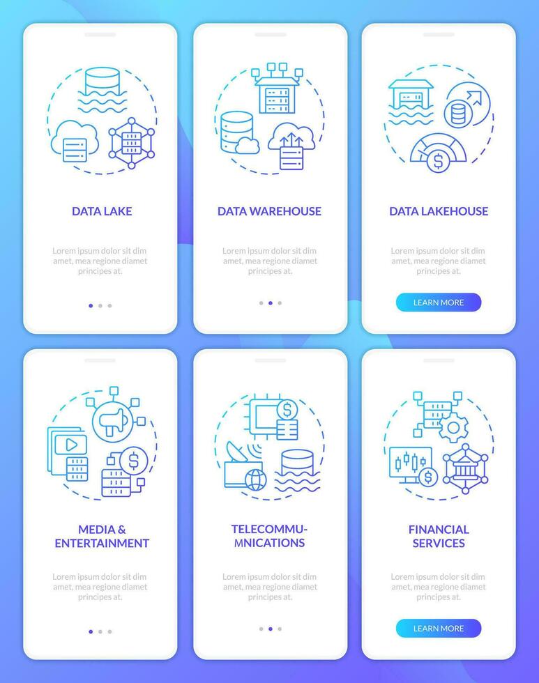 Data lake blue gradient mobile app screens. Storage usage industries walkthrough 3 steps graphic instructions with linear concepts. UI, UX, GUI templated vector