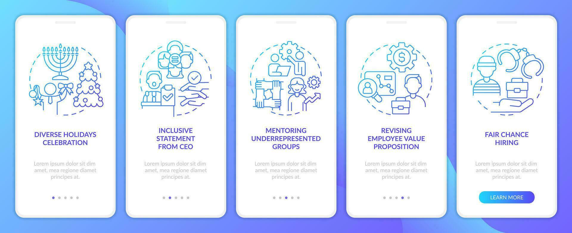 DEI initiatives for workplace blue gradient onboarding mobile app screen. Walkthrough 5 steps graphic instructions with linear concepts. UI, UX, GUI template vector